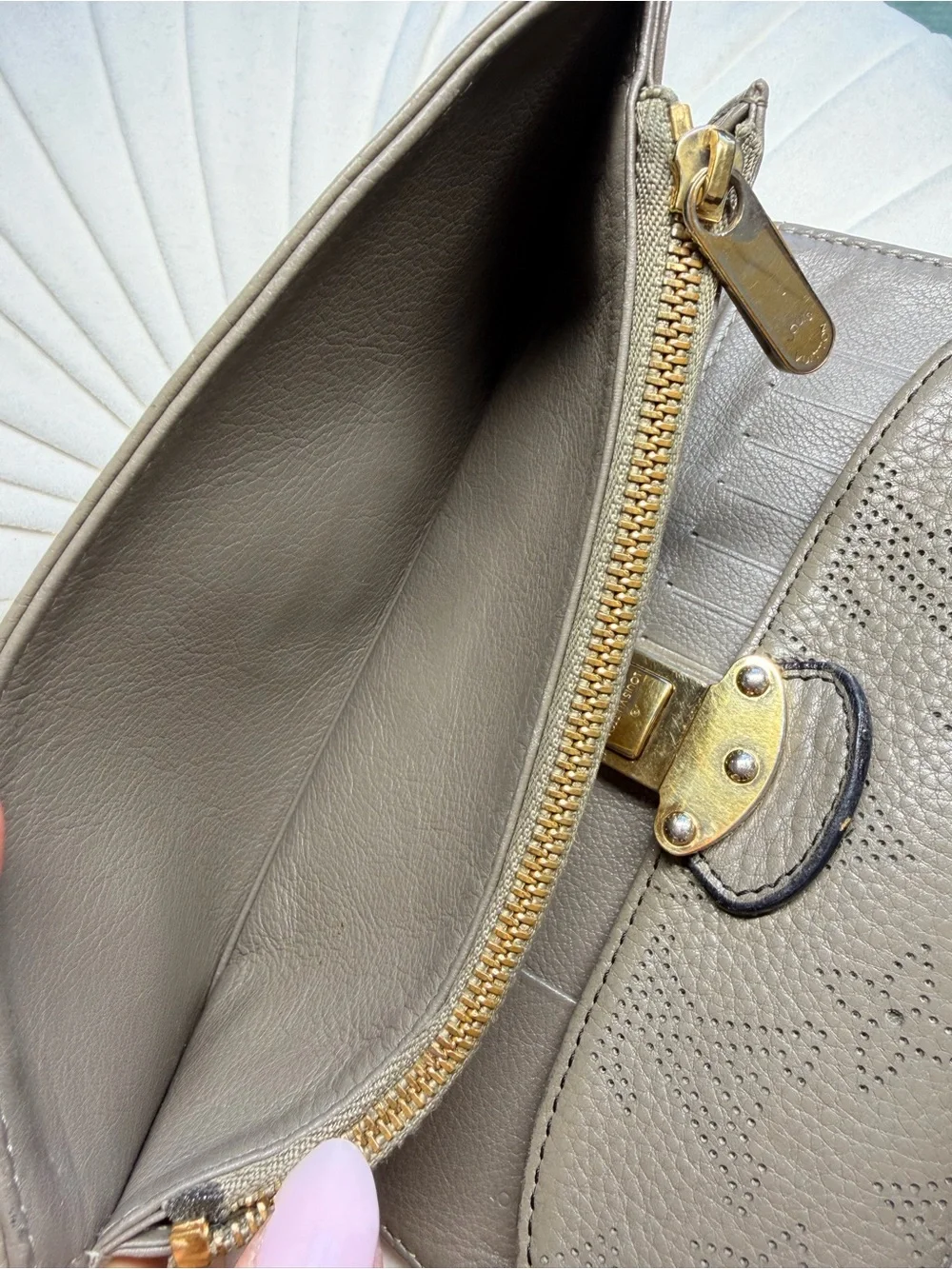 Louis Vuitton Taupe Perforated Monogram Leather Clutch with Gold Lock